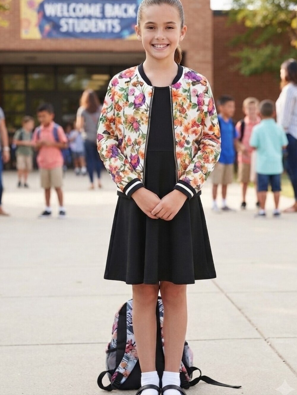 Speechless Girl's Black Sleeveles Dress w/Floral Bomber Jacket, Size 10, NWOT
